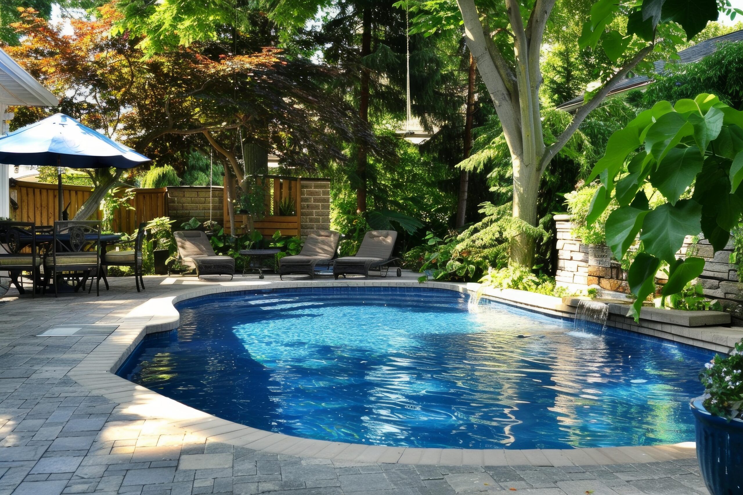 Backyard inground swimming pool with waterfall cascading into crystal clear water on sunny summer day